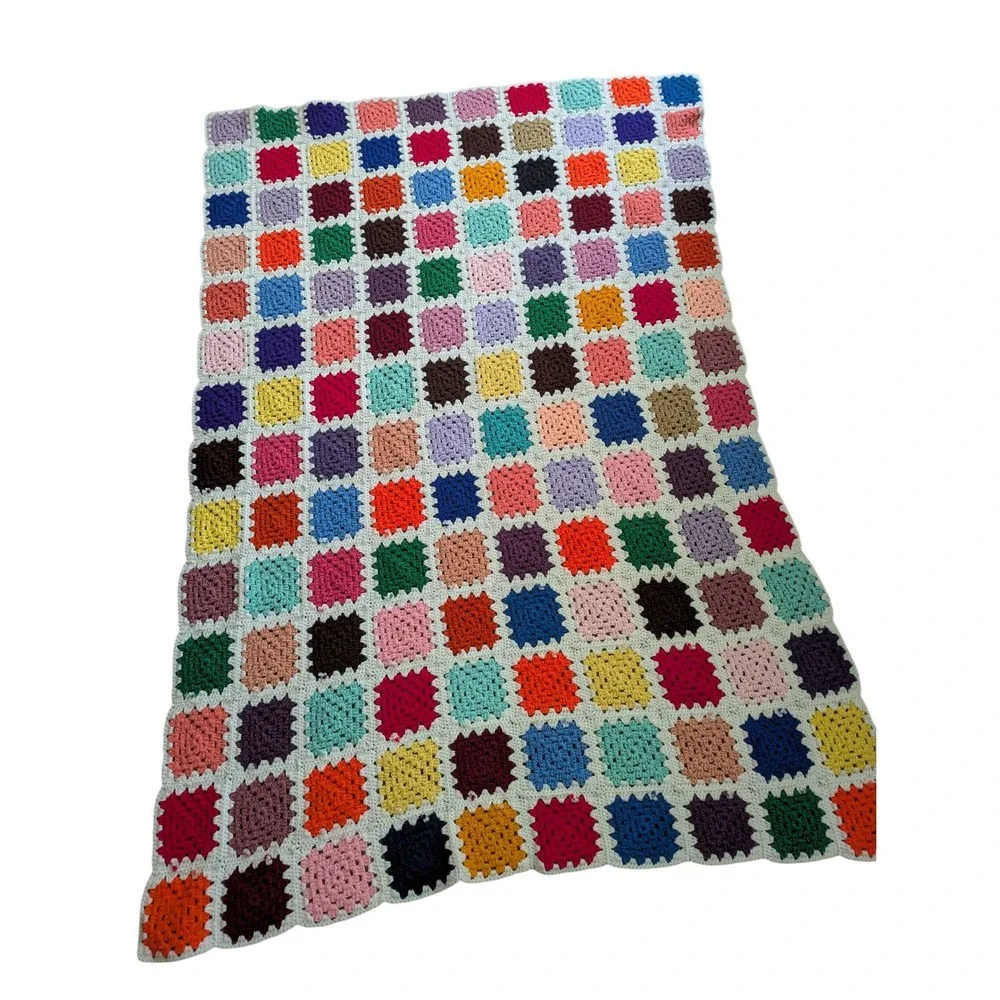 Vintage Handmade Crochet‎ Granny Square Blanket Multi Color Afghan 72x50 Boho